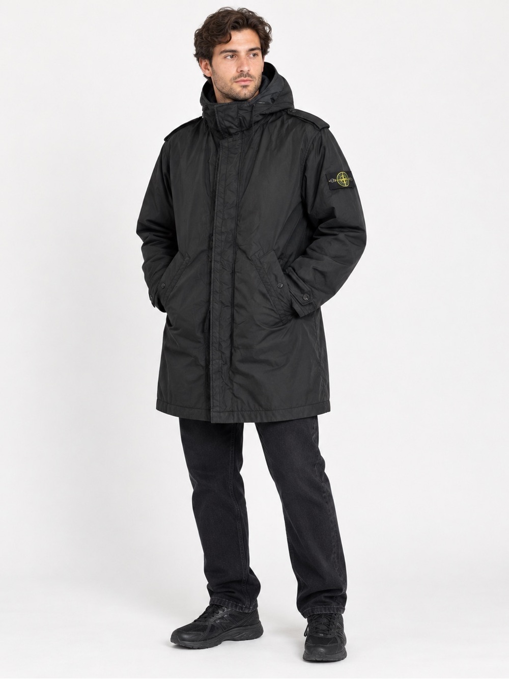 Stone Island Black Technical Parka Trench Coat Men XXL Wool Lined Gorpcore Italy